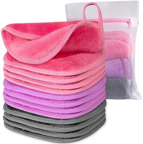 Makeup Remover Cloth, 6" x 6" Make Up Towels Reusable Face Cloth for Washing Face, 12 Pack Makeup Remover Pads Microfiber Face Washcloth with Mesh Bag, Just Water, Grey/Purple/Pink by Natwag