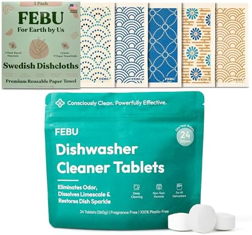 FEBU Save 15% on Swedish Dishcloth + Dishwasher Cleaner Tablets | 5 Pack Japanese Reusable Paper Towels + 24ct Dish Washer Cleaner Tablets by FEBU