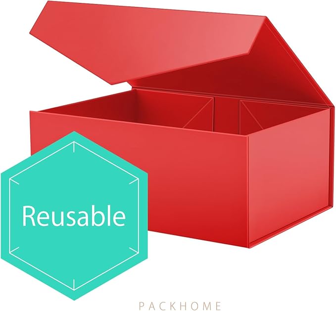 PACKHOME 6 Christmas Gift Boxes 9x6.5x3.8 Inches, Rectangle Collapsible Boxes with Magnetic Lids for Xmas Gift Packaging (Matte Red, Grain Texture)