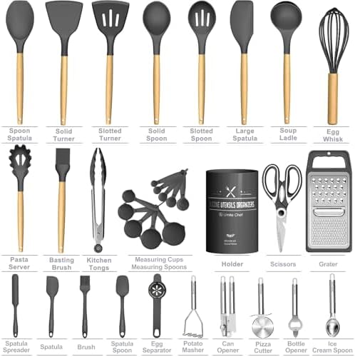 Umite Chef Silicone Kitchen Utensil Set, 34PCS Heat Resistant Kitchen Gadgets and Tools With Grater, Wood Handles for Nonstick Cookware (Dark Gray) - Image 5