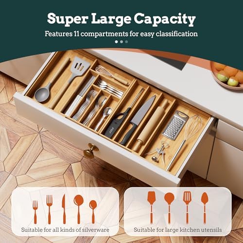 Bamboo Expandable Silverware Drawer Organizer, 11 Slots Utensil Holder - Image 2