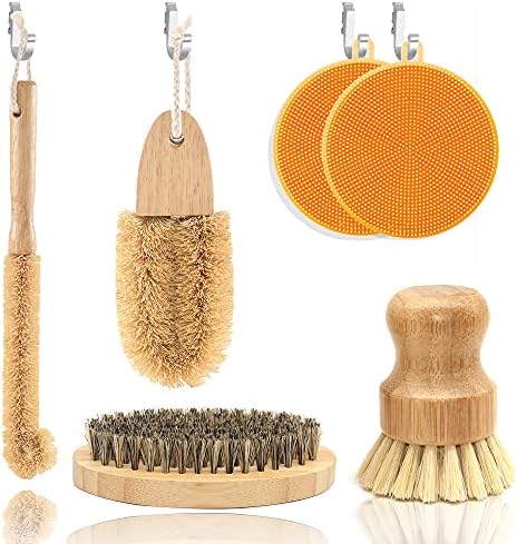 ECO Friendly Kitchen Cleaning Set, Wood & Bamboo Brushes for Dishes, Pots, Pans & Vegetables by BIEAEIA