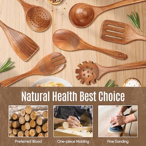 7 PCS Wooden Spoons for Cooking Natural Teak Kitchen Utensils Set - Image 2