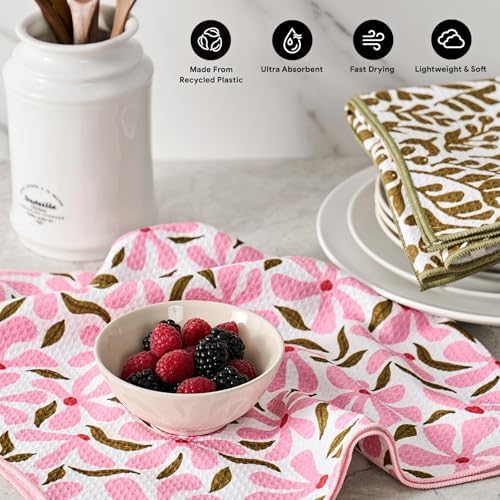 RECYCO Waffle Kitchen Towel Set of 2 - Quick Dry Microfiber Sustainable Dish Towels - Ultra Absorbent Reusable Cleaning Tea Towels - Lightweight Hand Towels,16”x 28”, Petal & Leaf - Image 2