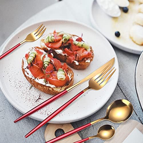 AARAINBOW 8 Pieces Stainless Steel Flatware Set Portable Reusable Cutlery Set Travel Utensils Set Including Chopsticks Knife Fork Spoon Straws Cleaning Brush Dishwasher Safe (Red Golden) - Image 3