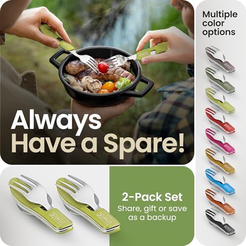 Orblue 4-in-1 Camping Eating Utensils, 2-Pack - Portable Spoon, Fork, Knife & Bottle Opener Combo Set - Stainless Steel Flatware with Detachable Fork - Travel, Backpacking Cutlery Multitool, Green - Image 5