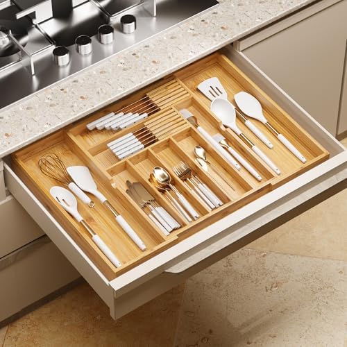BAMEOS Bamboo Drawer Organizer Expandable Kitchen Silverware Organizer with 7-9 Deep Compartments, Bamboo Reinforced Cutlery Tray, Adjustable Utensil Holder for Kitchen(16.1"-22.4" Wide, Natural) - Image 2