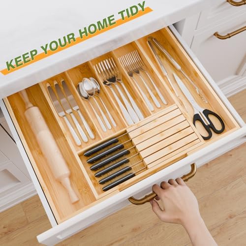 Bamboo Kitchen Silverware Drawer Organizer - Expandable Wood Utensil Holder with Dividers, Luxury Cutlery Storage Tray for Kitchen Utensil and Flatware (5-7 Slots with Removable Knife Block, Natural) - Image 4