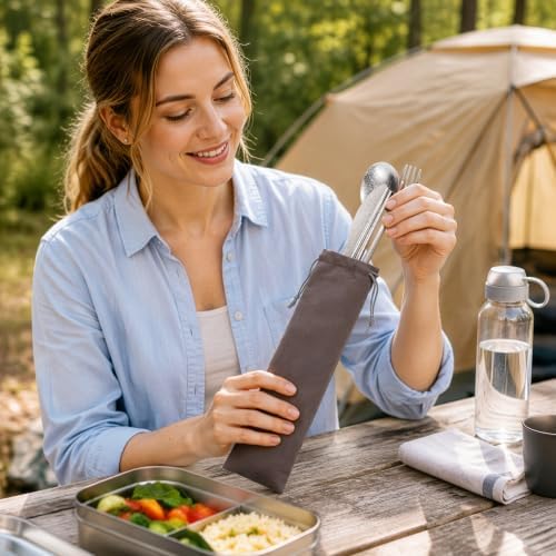 100% Pure Titanium Cutlery Set, Snowflake Pattern Titanium Tableware with 304 Stainless Steel Case & Silicone Holder, Ultralight Portable Utensils with Bonus Carry Bag for Camping - Image 6