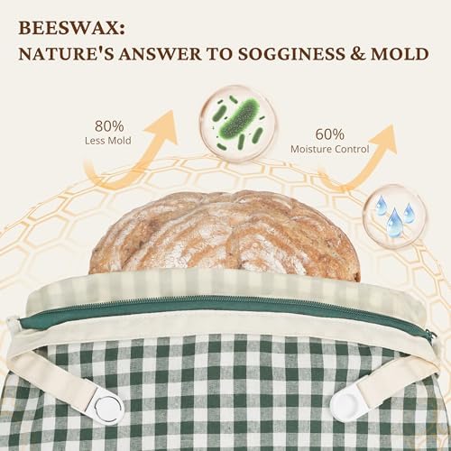 BRONYPRO Reusable Beeswax and Linen Bread Bags with Zipper, 2-Pack Waxed Bread Bags for Homemade Bread & Sourdough, Sustainable Loaf Storage to Lock in Freshness, Large 17x12.6in, Green Gingham - Image 4