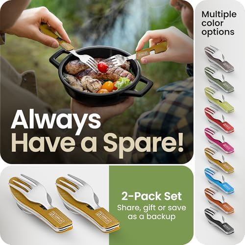 Orblue 4-in-1 Camping Eating Utensils, 2-Pack - Portable Spoon, Fork, Knife & Bottle Opener Combo Set - Stainless Steel Flatware with Detachable Fork - Travel, Backpacking Cutlery Multitool, Yellow - Image 6