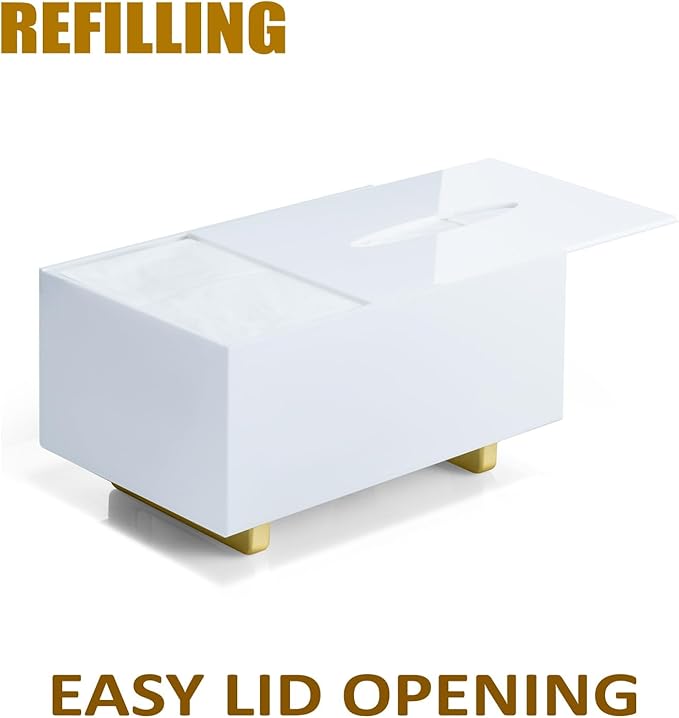 YoBa Thick Acrylic Tissue Box Holder Rectangular White Tissue Box Dispenser with Gold Plated Aluminum Legs for Bathroom, Kitchen, Bedroom, Office, Hotel and Restaurant