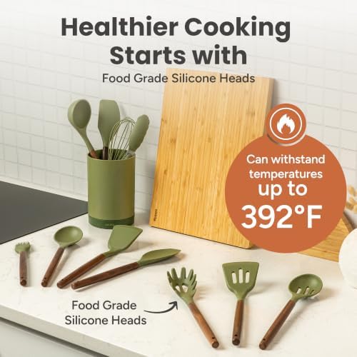 SMIRLY Silicone Kitchen Utensils Set, 22-Piece Acacia Wood Handle, Green - Image 4