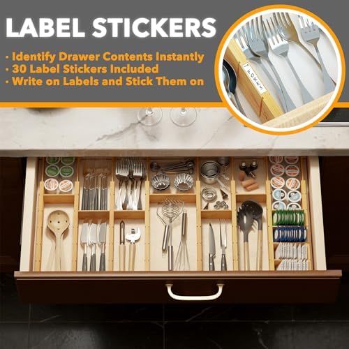 SpaceAid Bamboo Drawer Dividers with Inserts and Labels, Kitchen Adjustable Drawer Organizers, Expandable Organization for Home, Office, Dressers, 10 Dividers with 24 Inserts (17"-22" Natural) - Image 3