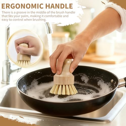 4 Pack Bamboo Dish Brush Set, Natural Palm Dish Scrubber for Pots and Vegetables, Sisal Bristle Bamboo Scrub Brush for Cleaning Dishes and Pans - Image 5