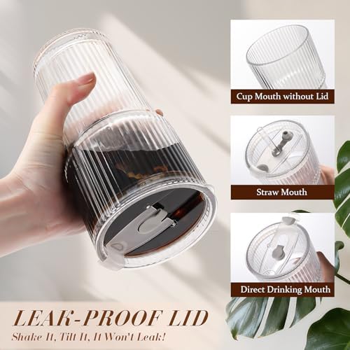 Iced Coffee Cups with Lids 2Pcs: Ribbed Glass Tumbler with Straw and Lid 20oz - Vintage Glass Cups with Lids and Straws - Tumbler Leak Proof Aesthetic Drinking for Coffee Bar Accessories - Image 5