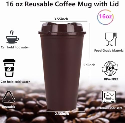 20 Pack Reusable Coffee Cups with Lids 16 oz Plastic Tumblers Travel Mug Iced Coffee Cup for Adults and Women Hot and Cold Drinks, Microwaveable (Coffee) - Image 2