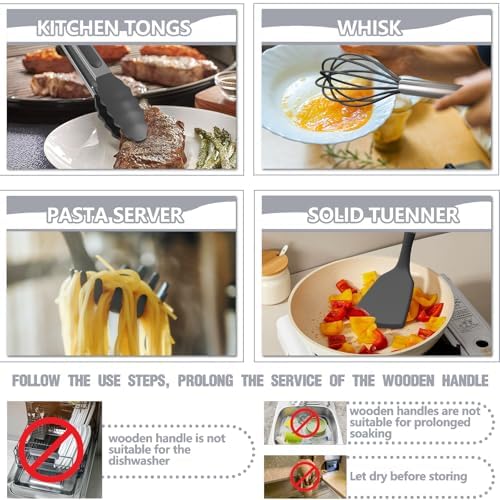 Umite Chef Silicone Kitchen Utensil Set, 34PCS Heat Resistant Kitchen Gadgets and Tools With Grater, Wood Handles for Nonstick Cookware (Dark Gray) - Image 3