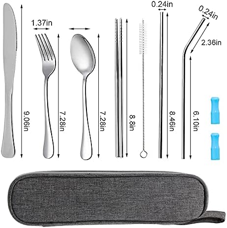 Travel Utensils Set with Case Reusable Portable Cutlery Set Stainless Steel 8pcs Including Dinner Knife Fork Spoon Chopsticks Straws(Silver) - Image 3