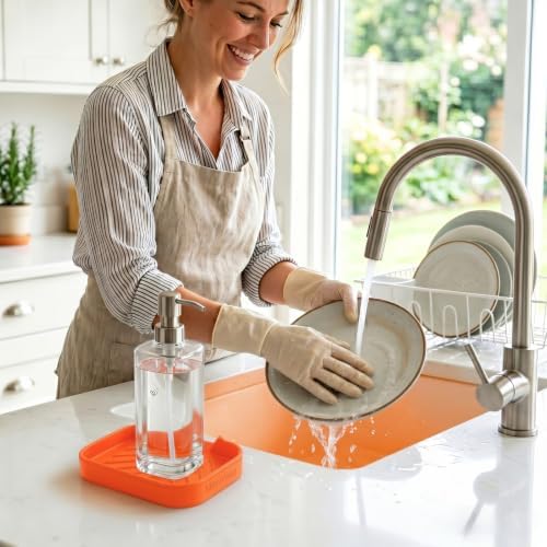 MicoYang Silicone Soap Dish with Drain Spout, Self-Draining Sink Organizer Tray for Bathroom and Kitchen, Sponges, Dispensers and Soap Holder, Non-Slip and Dishwasher Safe, Orange (Compact, 4.9"×3.2") - Image 6
