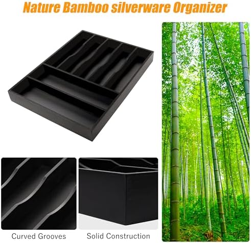 Bellsal Bamboo Silverware Drawer Organizer, Utensil Kitchen Drawer Organizer, Utensil Holder Cutlery Tray with Grooved Drawer Dividers for Kitchen Utensils and Flatware Bedroom Office (7 Slot, Black) - Image 5