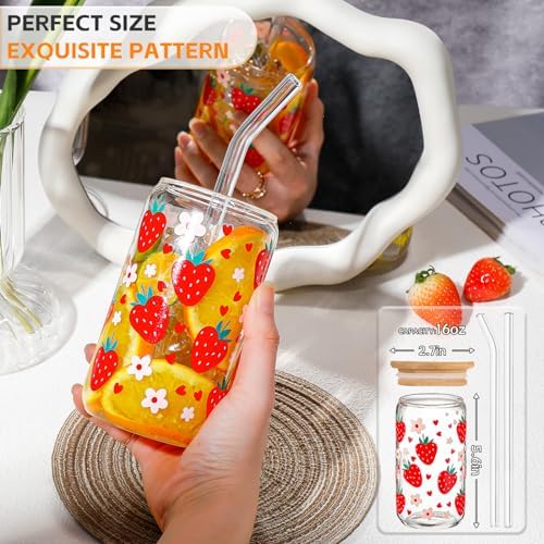 Glass Cups with Lids and Straws with Design Strawberry 4 pcs,Clear Glass Cups 16 oz-DWTS Drinking Glasses Set,Glass Tumbler,Cute Design Glass Iced Coffee Cups with Lids and Straws 480ml - Image 2