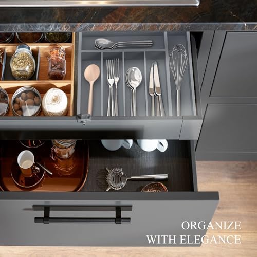 Bamboo Silverware Organizer, Kitchen Drawer Organizer, Utensil Holder, Cutlery Tray & Spoon Flatware Storage with Grooved Drawer Dividers (Grey, 12.5''W x 16.5''D) - Image 5