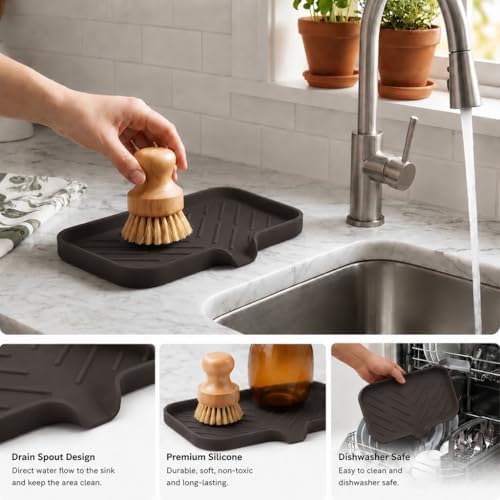 MicoYang Silicone Soap Dish with Drain Spout — Self-Draining Sink Organizer Tray for Bathroom & Kitchen, Sponges, Dispensers & Soap Holder, Non-Slip & Dishwasher Safe, Coffee (Medium, 9.6"×5.3") - Image 5