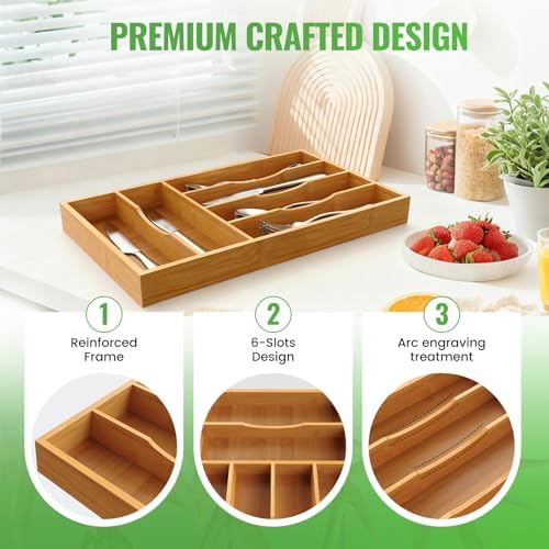 Bamboo Silverware Organizer, Bamboo Kitchen Drawer Cutlery Organizer, Utensil Holder, Flatware Organizer Tray (15.8"x9.5"x1.6") - Image 6
