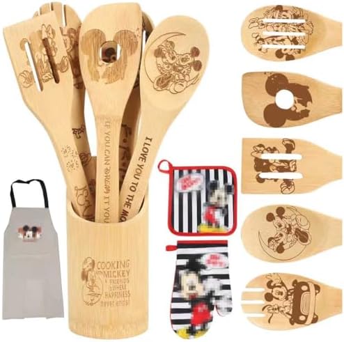 Wooden Spoon for Cooking- Wooden Spoons Bamboo Utensils Set Kitchen Decoration- Fun and Stylish Kitchen Accessory with Cute Apron Oven Mitt Potholder- Best Kitchen Gifts for Women (Red) by Deikoliuna