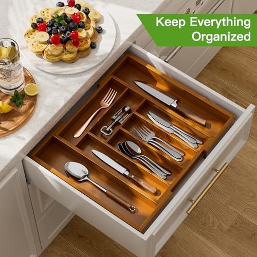 Pipishell Bamboo Expandable Drawer Organizer for Utensils Holder, Adjustable Silverware Organizer Cutlery Tray, Drawer Dividers for Utensils, Flatware, Knives in Kitchen, Bedroom, Living Room Brown - Image 2