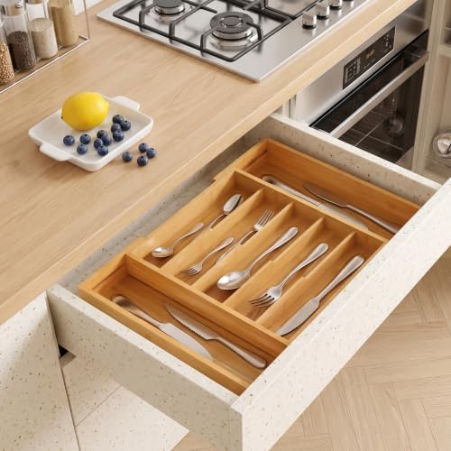 Bamboo Silverware Organizer, Expandable Bamboo Kitchen Drawer Cutlery Organizer, 18.5"x13.3" Flatware Organizer Tray, Utensil Holder - Image 5