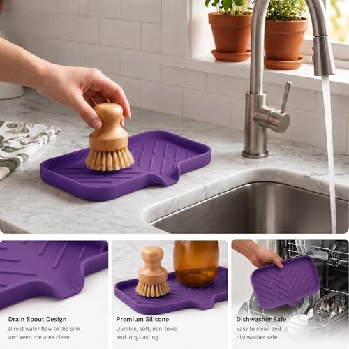 MicoYang Silicone Soap Dish with Drain Spout — Self-Draining Sink Organizer Tray for Bathroom & Kitchen, Sponges, Dispensers & Soap Holder, Non-Slip & Dishwasher Safe, Purple (Medium, 9.6"×5.3") - Image 4