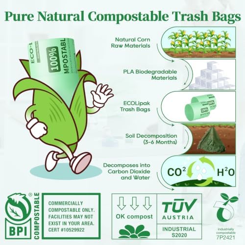 ECOLipak 2.6 Gallon 100ct Small Compostable Kitchen Trash Bags with Handles - Image 3