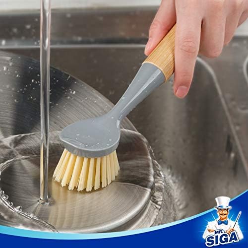 MR.SIGA Dish Brush with Bamboo Handle Built-in Scraper, Pack of 2 - Image 4