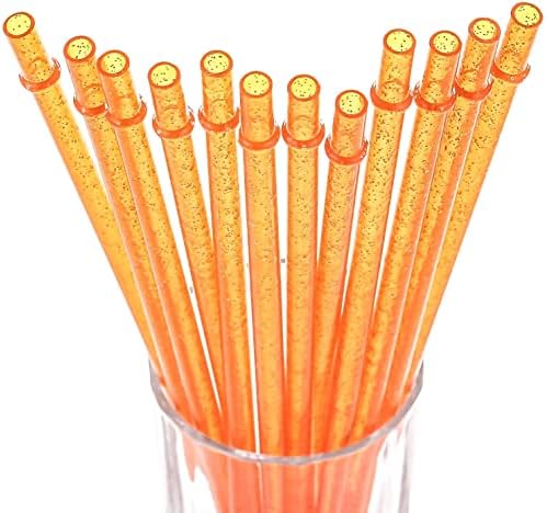 DAKOUFISH BPA-Free 12 Piece 9 Inch Reusable Clear Plastic Glitter Sparkle Drinking Straw Plus one Cleaning Brush (Orange,9inch) by Dakoufish