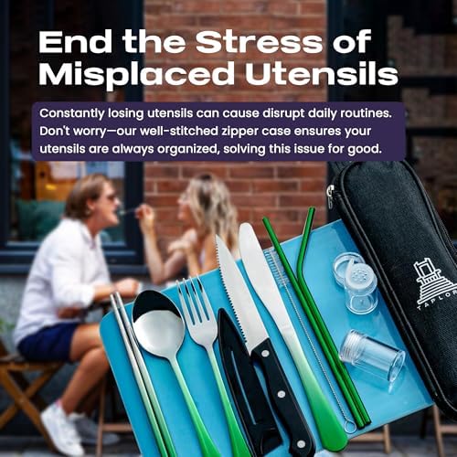 Taplord Portable Travel Silverware Set With Case - Includes 10 Pcs of Utensils, Stainless Steel Flatware For Camping, Easy to Travel, Lightweight (Green Two Tune) - Image 5