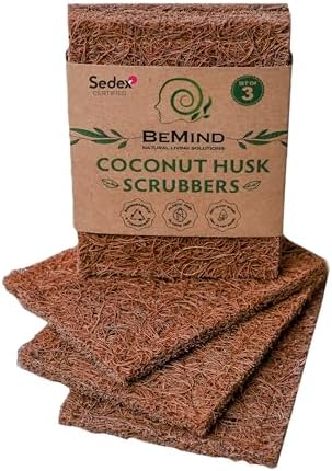 Coconut Husk Scrubber(3) Compostable Eco-Friendly Scouring Pads for Dishes| Biodegradable Natural Coir Scrub Pad| Non-Scratch by BeMind