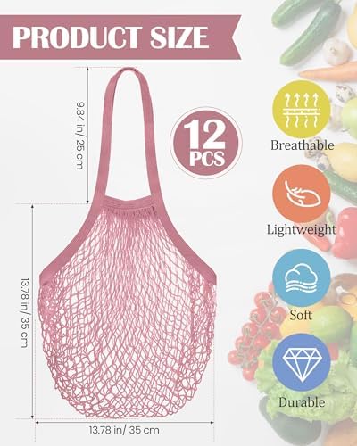 Eccliy 12Pcs Reusable Cotton Mesh Grocery Bag with Handle, Dark Pink, 10 in - Image 4