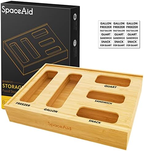 SpaceAid Bag Storage Organizer for Kitchen Drawer, Bamboo Organizer, Compatible with Gallon, Quart, Sandwich and Snack Variety Size Bag (1 Box 5 Slots) by SpaceAid