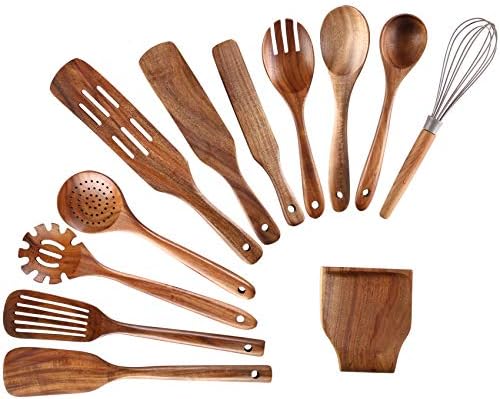 Kitchen Utensils Set, NAYAHOSE 12 Pcs Teak Wooden Cooking Spoons Spatula Spurtles Kit with Spoon Rest Whisk, Non-stick Natural Kitchen Tools by NAYAHOSE