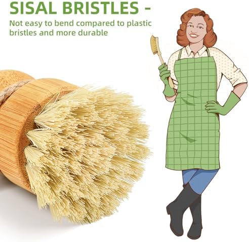 SUBEKYU Bamboo Dish Scrub Brush,Produce Brush,2 Pack with Ceramic Holder - Image 2