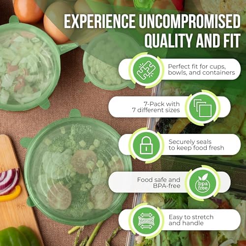 Reusable Silicone Stretch Lids for Food Storage in Fridge - Elastic Heat-Resistant Bowl Covers, Cups, Cans, Jars - Universal Food Grade Lid for Containers - 7 Pack - Light Green Stretchy Lid Set - Image 5