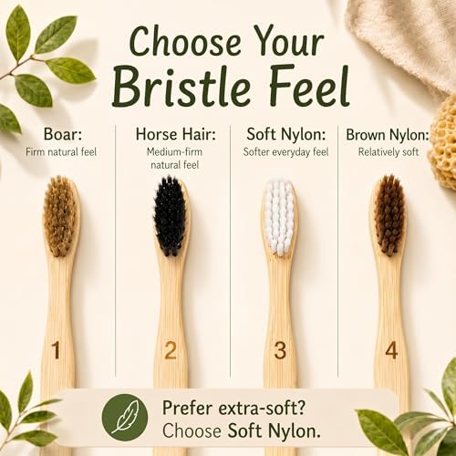 Bamboo Toothbrush Variety 4 Pack, Boar, Horse, Nylon Bristles - Image 2