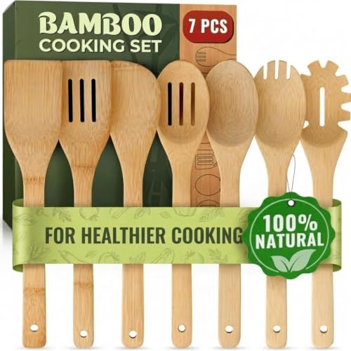 Wooden Utensil Set, Bamboo Utensils – 7 PCs Wood Spoons for Cooking by Woodenhouse