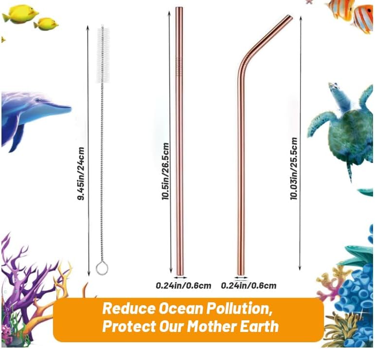VEHHE Rose Gold Metal Straws, Stainless Reusable Straws Set with Brush - Image 2