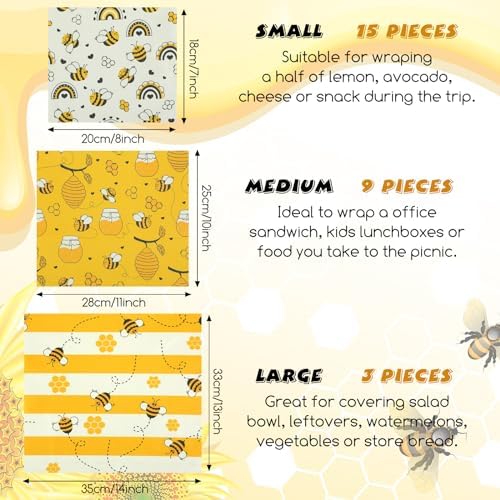 Tranqun 27 Pack Beeswax Wraps for Food Reusable Beeswax Assorted Bread Storage Wrap Fresh Food Keeper for Covering Dishes Sandwich Cheese Fruit Bread Snacks 3 L 9 M 15 S Sizes - Image 2