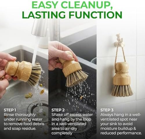 AIRNEX Bamboo Dish Brush Set of 2 - Natural Wooden Dish Scrubber with Sisal & Coconut Bristles - Plastic Free Kitchen Scrub Brush for Dishes, Sink, Pots & Pans - Non Scratch Kitchen Dish Brush - Image 7