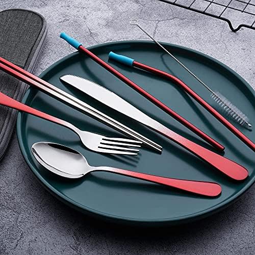 Travel Utensils Set with Case Reusable Portable Cutlery Set Stainless Steel 8pcs Including Dinner Knife Fork Spoon Chopsticks straws (Gradient Red) - Image 2