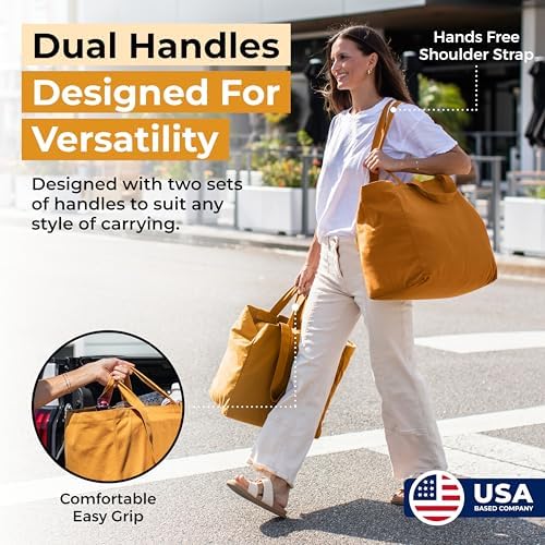 VeraMia Canvas Grocery Bag 3pc XL Set with Real Pockets, Long Shoulder Strap and Short Handle. Heavy Duty, Foldable, Washable - Image 3